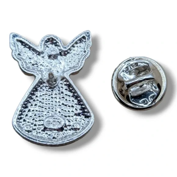 Silver Tone White Enamel Angel Silhouette Clear Rhinestones Signed Hat Lapel Pin - Picture 3 of 4